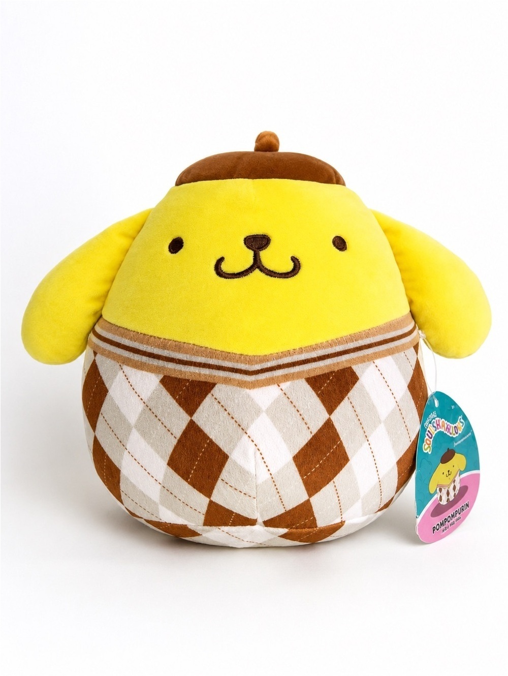 Squishmallows Pompompurin Plush 8” Sanrio Brown Argyle NWT Kellytoy Soft Toy
